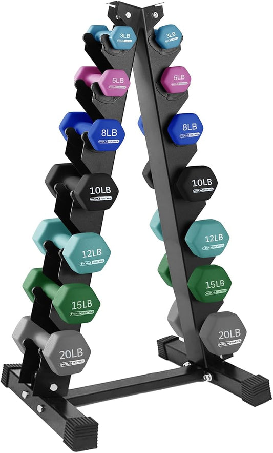 HolaHatha 2, 3, 5, 8, and 10 Pound Neoprene Dumbbell Free Hand Weight Set with Rack, Ideal for Home Exercises to Gain Tone and Definition, Pastel