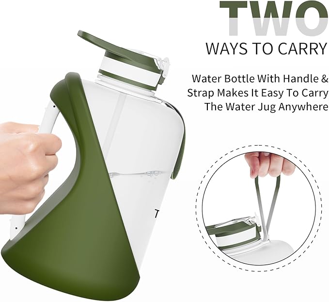 TOOFEEL 1 Gallon Water Bottle - 128 oz with Straw & Chug Lid - BPA Free, Gym & Travel Bottle - Military Green and White