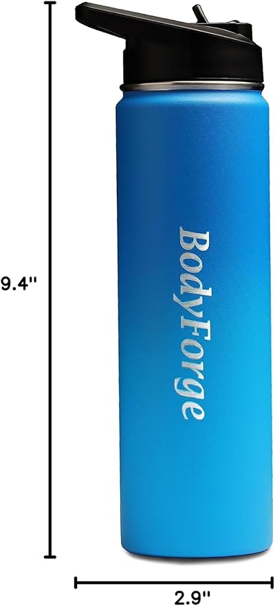 BodyForge Sports Water Bottle - 22oz, 3 Lids & Straw Lid, Leak Proof Stainless Steel Gym & Sport Bottles for Men, Women & Kids - Double Walled, Insulated Thermos, Metal Canteen (Blue/Light Blue)