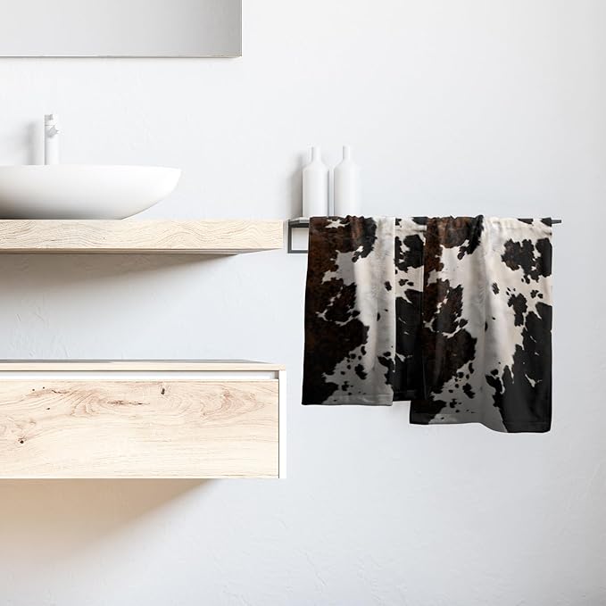 Cow Fur Texture Hand Towels 2 Pack 28x14 Inch White Black Brown Animal Skin Print Kitchen Bathroom Gym Towels