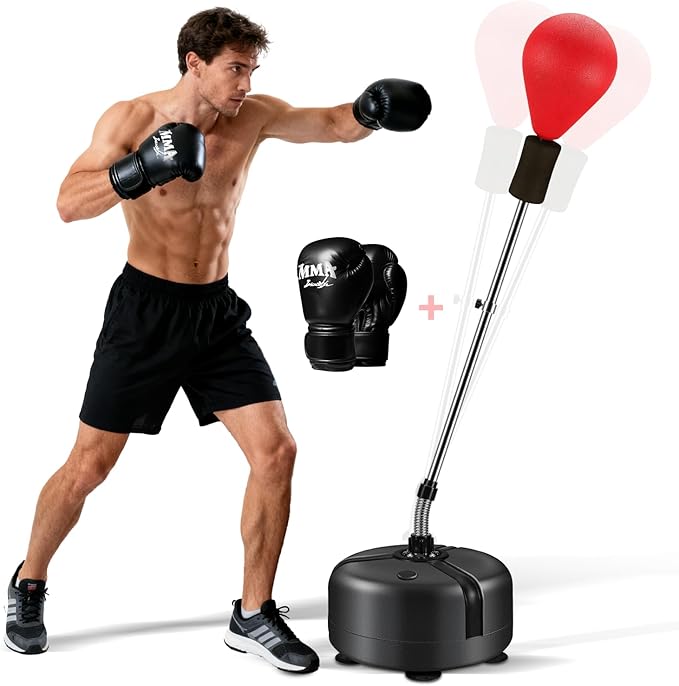 Punching Bag with Stand, Reflex Bag with Boxing Gloves, Boxing Bag for Teens and Adults, Height Adjustable - Speed Bag for Training, Boxing Equipment, Sturdy Base for Stress Relief & Home Fitness
