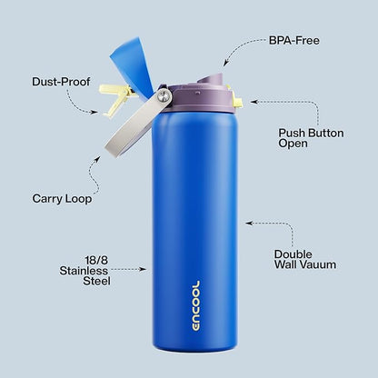 Insulated Water Bottle with Straw - Encool Stainless Steel Water Bottle with Push Button Lid, Leak-Proof & BPA-Free, Keeps Cold for 24 Hours for Sports, Travel, Gym (32 oz, Sapphire)