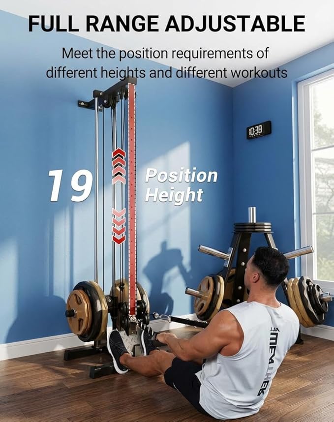 Wall Mounted Cable Machine for Home Gym, 19-Position High & Low Cable Machine with Dual Pulley System,LAT Pulldown, 400Lb Capacity, Space Saving Strength Training Equipment for Garage & Home