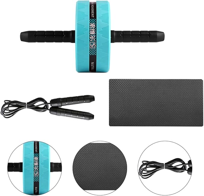Ab Roller Wheel for Home and Exercise, Blue Silent Fitness Wheel with Knee Pad and Black Jump Rope Set, Core Strength Training Equipment for Abdominal Workout