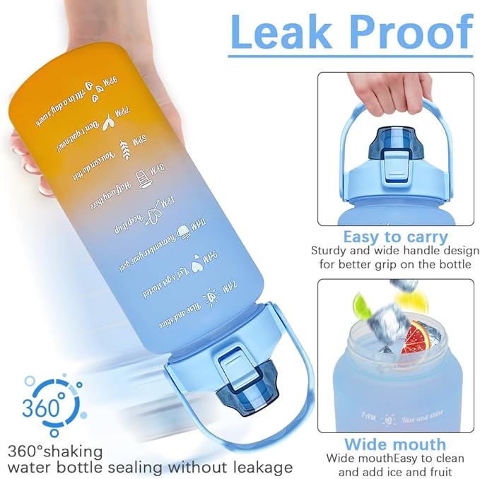 64 oz Large Capacity Water Bottle with Motivational Time Markers and Straw, Portable, Leakproof, BPA Free for Fitness, Gym and Outdoor Sports. (blue gradient)