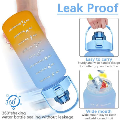64 oz Large Capacity Water Bottle with Motivational Time Markers and Straw, Portable, Leakproof, BPA Free for Fitness, Gym and Outdoor Sports. (blue gradient)