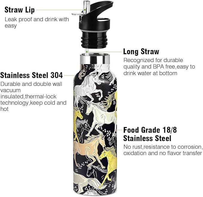 Horse Sport Water Bottle with Straw, Vacuum Insulated Stainless Steel Thermal Drinking Travel Mug Cups For Gym Fitness Camping-20oz/600ml