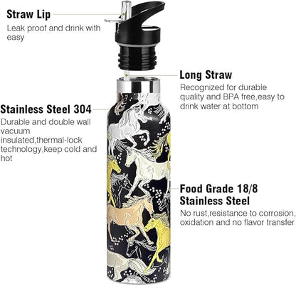 Horse Sport Water Bottle with Straw, Vacuum Insulated Stainless Steel Thermal Drinking Travel Mug Cups For Gym Fitness Camping-20oz/600ml