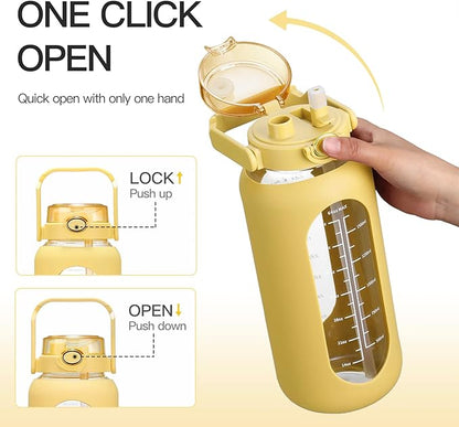 64oz Glass Water Bolttles with Straw Half Gallon Large Motivational Water Bottle with Time Marker Sports Water Bottles with Silicone Sleeve and Handle Lid Water Jug for Gym Workout
