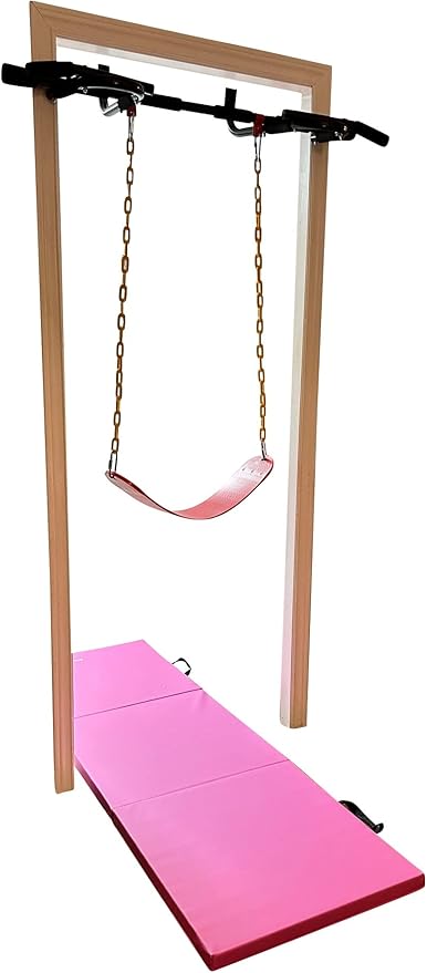 Kids Doorway Gym Swing Set + Pull Up Bar 6 in 1 Indoor Gym Playground Combo for Children, Includes Swing Seat, Climbing Cargo Net, 2X Gymnastic Trapeze Rings, Rope Ladder, Full Accessory