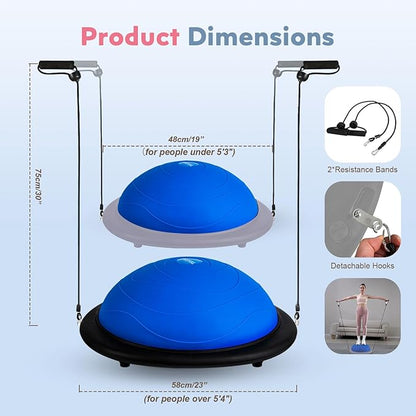 Half Balance Ball Trainer, Inflatable 19/23 Inch Half Exercise Ball with Resistance Bands and Pilates Ball, Non-Slip 660lbs Capacity Yoga Ball for Home Gym Full Body Workouts