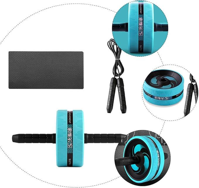 Fitness Ab Wheel Roller Kit with Silent Blue Exercise Wheel, Knee Pad, and Black Jump Rope for Core Strength Training and Home Abdominal Workouts