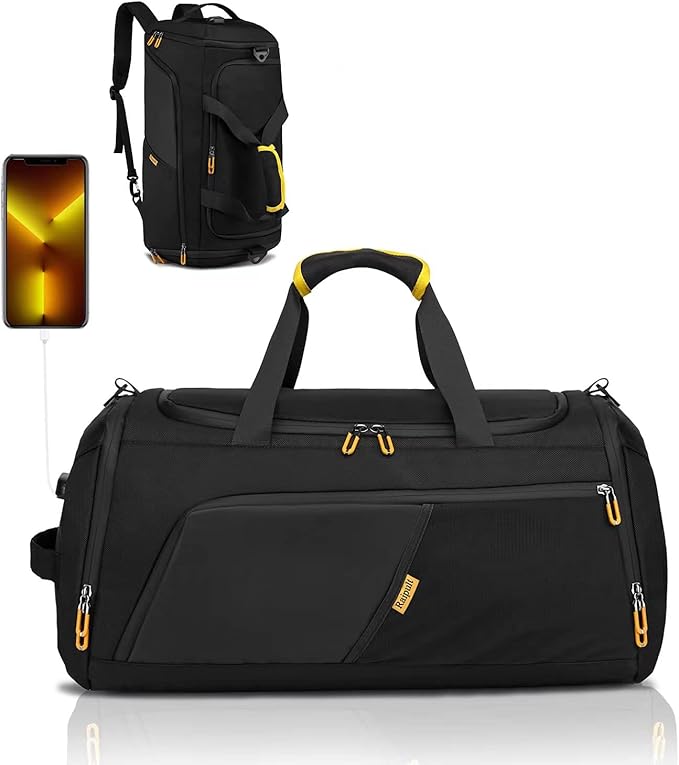 Gym Duffle Bag for Men Women, Travel Duffel Bag Backpack with Shoe Compartment & Wet Pocket, 50L Waterproof Sports Overnight Weekender Bag with USB Port, Black