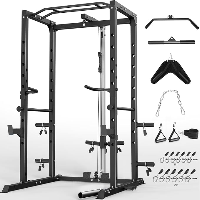 Power Cage, Multi-Functional Power Rack with J-Hooks, Dip Handles, Landmine Attachment and Optional Cable Pulley System for Home Gym