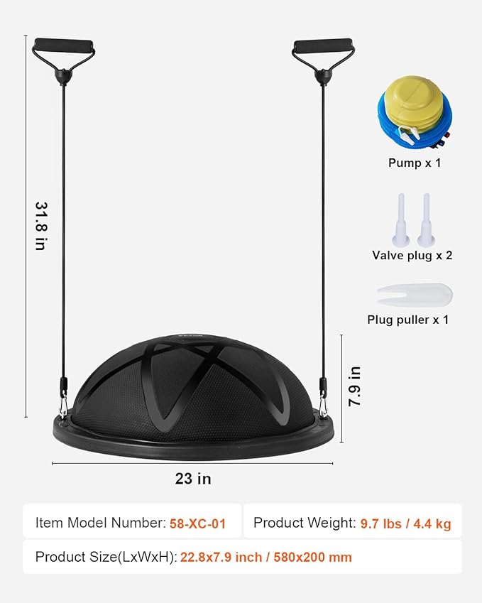 VEVOR Half Exercise Ball Trainer, 23/26 inch Balance Ball Trainer, 1500lbs Capacity Stability Ball, Yoga Ball with Resistance Bands & Foot Pump, Strength Fitness Ball for Home Gym Full Body Workout