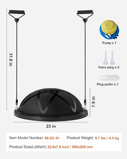 VEVOR Half Exercise Ball Trainer, 23/26 inch Balance Ball Trainer, 1500lbs Capacity Stability Ball, Yoga Ball with Resistance Bands & Foot Pump, Strength Fitness Ball for Home Gym Full Body Workout