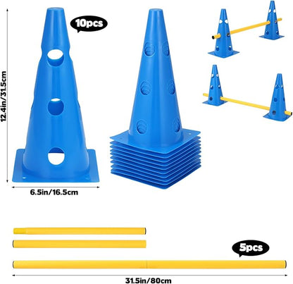Dog Agility Hurdle Cone Set, 10er 12.5Inch Agility Cones and 5er 31.5Inch Agility Rods, Height Adjustable Crossbar for Dog Obstacle Course Rehabilitation & Beginners