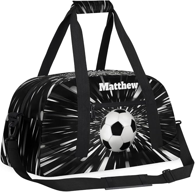 Personalized Boys Sports Soccer Duffel Bag, Custom Sport Gym Bag Large Compartment Cheerleaders Dance Bag Weekender Bags Travel Training Bag for men, Abstract Black Background