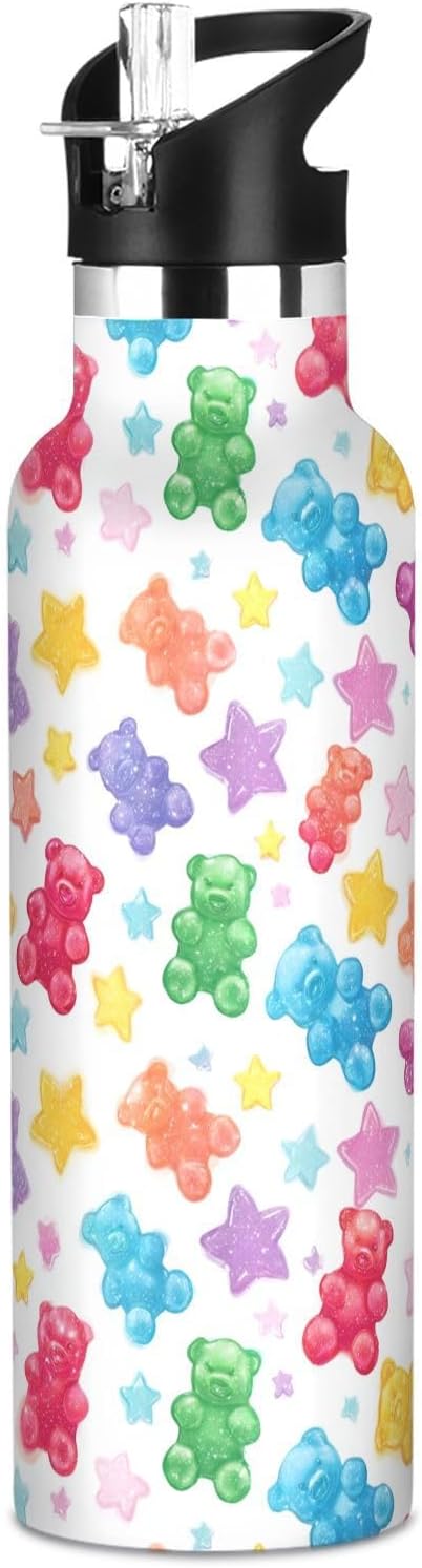 Kids Insulated Water Bottle for Boys Girls Colorful Gummy Bears Stars 20 oz Stainless Steel Travel Mug Sport Water Bottles for Gym School