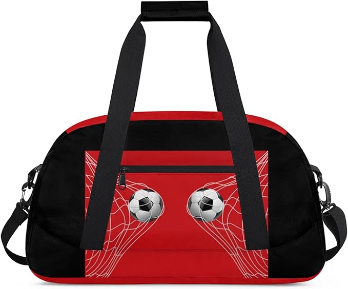 Sports Duffel Bags, Gym Black Red Soccer Net Weekender Overnight Sleepover Bag Waterproof Training Duffel Bag for Travel