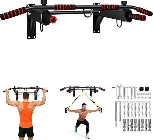Wall Mounted Pull Up Bar, 250 lbs Heavy Duty Upper Body Fitness Workout Bar for Home Gym Exercise, Multi-Grip Strength Wall Mounted Door Frame Chin-Up Bar for Almost All Door, Pull Up Assistance Bands