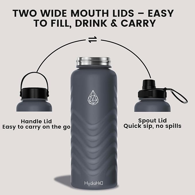 24oz Stainless Steel Insulated Water Bottle, 48H Ice Cold & 24H Hot, Leak-Proof Wide Mouth Lids (Straw & Spout), BPA-Free Bottles, Mens Water Bottle for Gym, Hiking, Travel - Grey