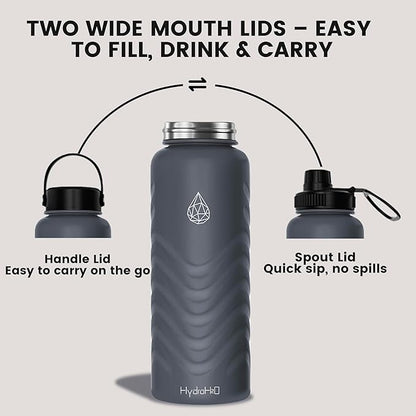 32oz Stainless Steel Insulated Water Bottle, 48H Ice Cold & 24H Hot, Leak-Proof Wide Mouth Lids (Straw & Spout), BPA-Free Bottles, Mens Water Bottle for Gym, Hiking, Travel - Grey