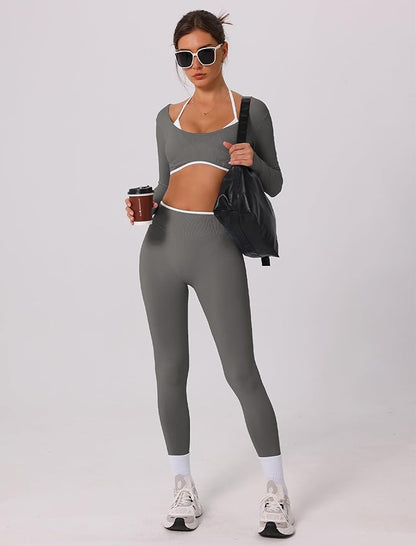 ABOCIW Workout Sets for Women Long Sleeve Crop Top Scrunch Butt Lifting High Waist Leggings 2 Piece Gym Yoga Outfits