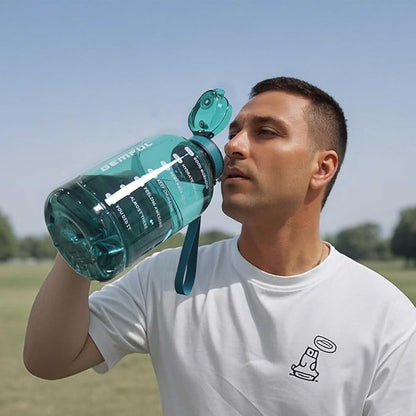GEMFUL 64oz Motivational Water Bottle with Handle 2L Large Sports Jug for Gym Fitness Time Marker No Straw Leak Proof BPA Free (Cyan)