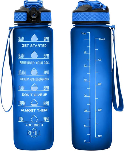 32 oz Water Bottles with Times to Drink and Straw, Motivational Water Bottle with Time Marker, Leakproof & BPA Free, Drinking Sports Water Bottle WIth Hand Strap for Fitness, Gym & Outdoor (blue)