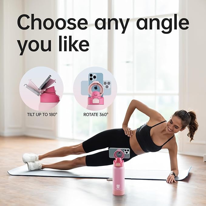 Insulated Magnetic Water Bottle - Reusable Stainless Steel Bottle with MagSafe Compatible Phone Holder - Keeps Cold for 24 Hours - Perfect for Gym, Sports, and Travel - Pink 32oz
