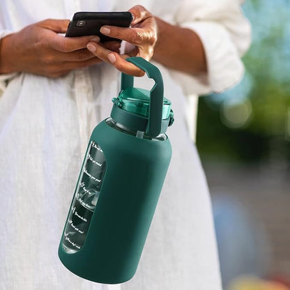 SIEROZUR 64 oz Glass Water Bottle with Straw and Handle Lid Half Gallon Motivational Glass Bottle with Silicone Sleeve and Time Marker Large Reusable Sports Water Jug for Gym Home Workout