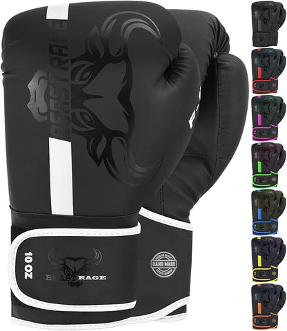 BEAST RAGE Boxing Gloves Muay Thai Kickboxing MMA Fight Bag Training Punch Hitting Workout Men Women Sparring Fitness Mitts Heavy Padded Martial Arts Sports