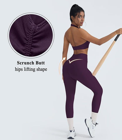 OMKAGI 2 Piece Workout Sets for Women Halter Sports Bras Gym Sets Booty Leggings Outfits
