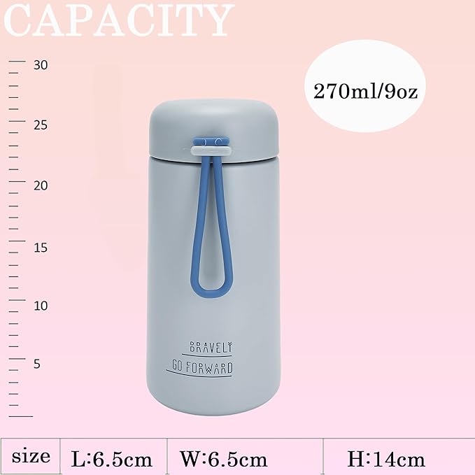 9oz Water Bottle Small Double Wall Insulated Mug,304 Stainless Steel for Hot&Cold Drinks,Leak Proof Water Bottle Vacuum Insulation with Carry Handle Grayish Blue