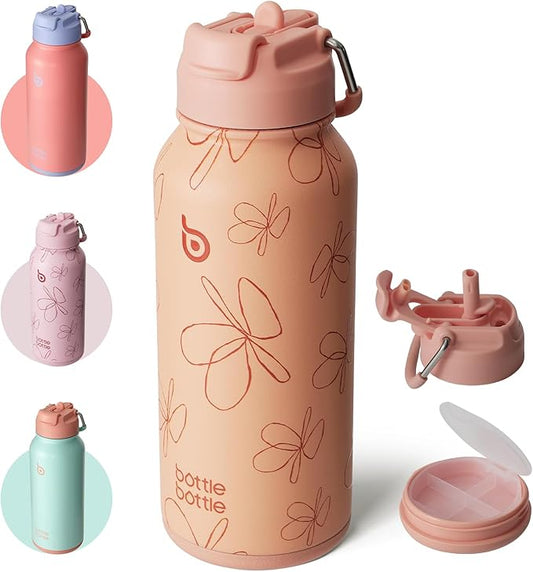 BOTTLE BOTTLE 32oz Insulated Water Bottle Stainless Steel Sport Water Bottle with Straw Dual-use Lid Design for Gym with Pill Box