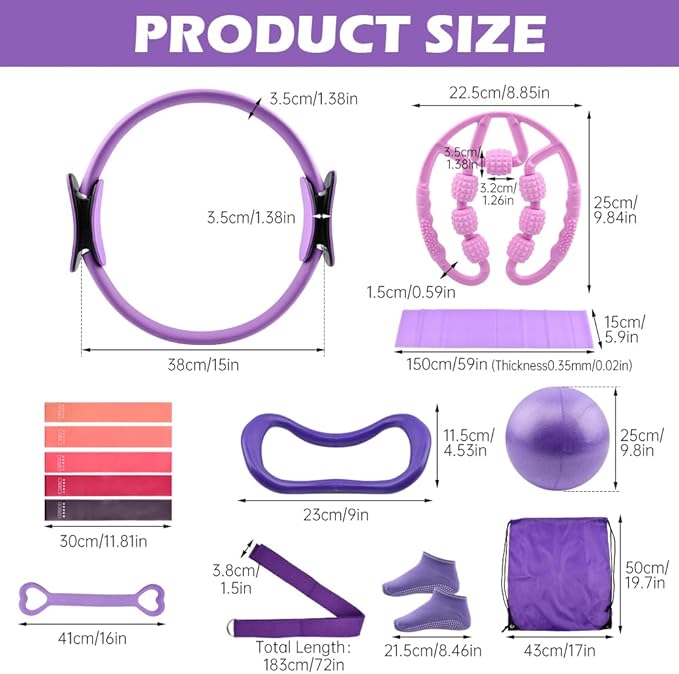 Pilates Essentials Kit for Women, 14 Pcs Home Workout Equipment with Pilates Circle Ball Ring Set Resistance Bands and Anti Slip Sock, Yoga Pilate Essentials Accessories
