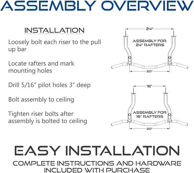 Ceiling Mount Pull Up Bar with Reversible Risers for 16 and 24 Inch Joists with Optimum Grip Spacing by Ultimate Body Press