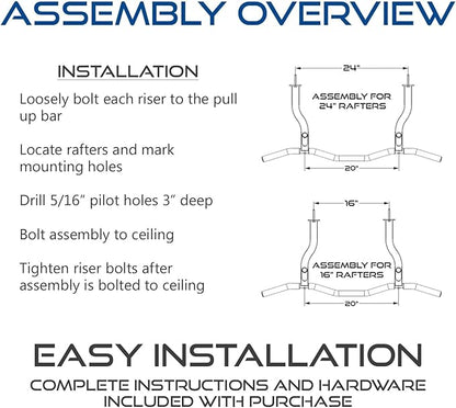Ceiling Mount Pull Up Bar with Reversible Risers for 16 and 24 Inch Joists with Optimum Grip Spacing by Ultimate Body Press