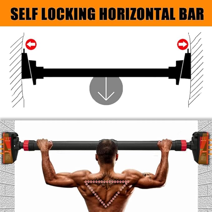 Adjustable Pull Up Bar for Doorway - 440LBS Weight Capacity, No Screws Installation with Level Meter and Auto Lock, Chin Up Bar for Home Gym Strength Training,Red