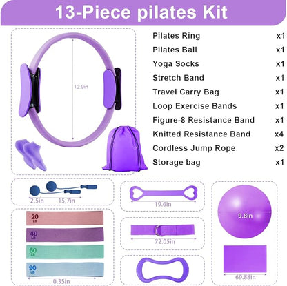 Pilates Essentials Kit for Women, Home Pilates Kit with 12.9" Ring and 9.8" Mini Ball, 4 Fabric Loop Bands, Figure-8 Band, Stretch Strap, Jump Rope, Carry Bag