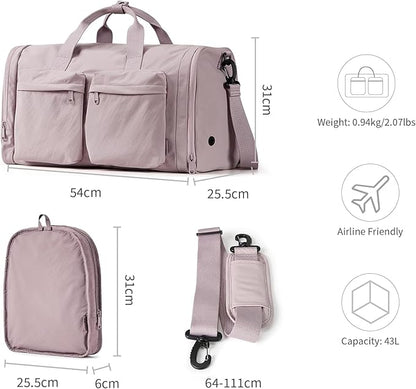 Aji Foldable Travel Duffel Bag for Women with Shoes Compartment, 3 in 1 Carry on Gym Bag with Removable Dry Wet Bag, Lightweight&Water Resistant Duffel Bag for Travel,Sports&Workout, Soft Pink