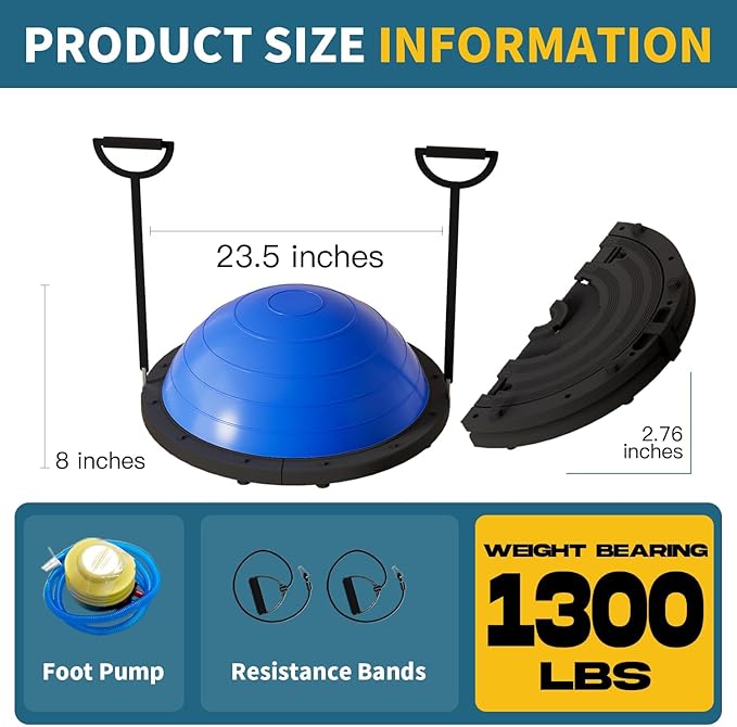 Vtory Foldable Balance Ball, Upgrate Half Ball Balance Trainer, 1300 lbs Capacity Stability Ball, 23.5 Inch Yoga Half Ball, with Resistance Band & Foot Pump, No-slip Blue Pink
