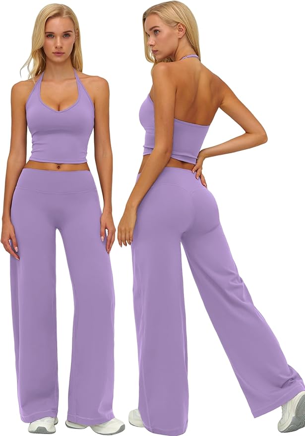 Womens Workout Sets Two Piece Spaghetti Straps Crop Top Matching Straight Leg Pants Gym Work Pilates Outfits
