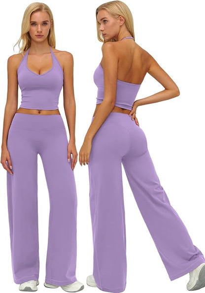 Womens Workout Sets Two Piece Spaghetti Straps Crop Top Matching Straight Leg Pants Gym Work Pilates Outfits