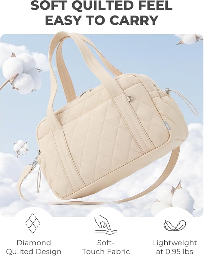 Percover Women Gym Bag with Toiletry Organizer Pouch, Quilted Workout Duffle with Compartments for Daily Fitness & Yoga, Locker-Friendly Soft Carry, Ivory Beige