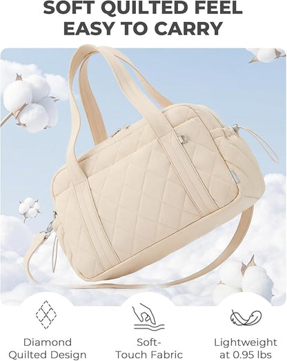 Percover Women Gym Bag with Toiletry Organizer Pouch, Quilted Workout Duffle with Compartments for Daily Fitness & Yoga, Locker-Friendly Soft Carry, Ivory Beige