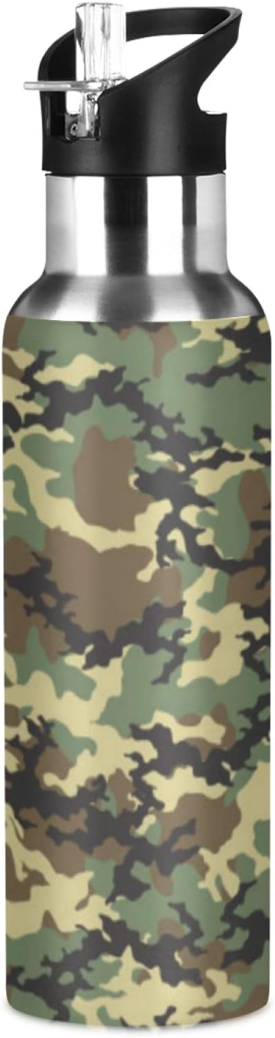 Military Print Camo Water Bottle Vacuum Insulated Stainless Steel Mug Kids Water Bottle with Straw and Handle Keep Hot Cold Sport Bike Fit Travel Outdoor 20 oz