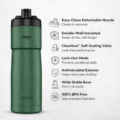 The Clean Hydration Co Insulated Bike Water Bottle 23 oz | Easy Clean Nozzle, Easy Squeeze Sports Bottle | BPA Free Cycling Bottle for Road & Mountain Biking, Gym & Travel | Matte Green