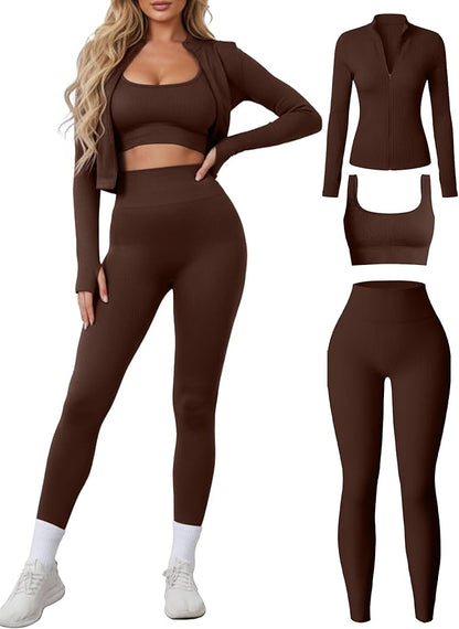 Women 3 Piece Seamless Workout Set Sports Bra High Waisted Gym Yoga Leggings Zip Up Jacket with Thumbhole Activewear
